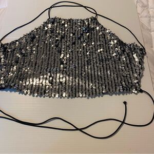 Luxxel Sequin silver black Backless Crop to lace NYE Vegas club sexy glam rave M